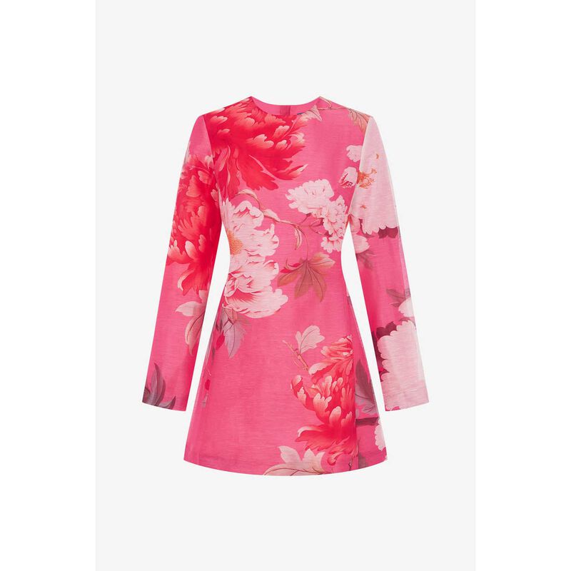 LEO LIN Aliza Long Sleeve Mini Dress - Peony Print In Fuchsia image number 2